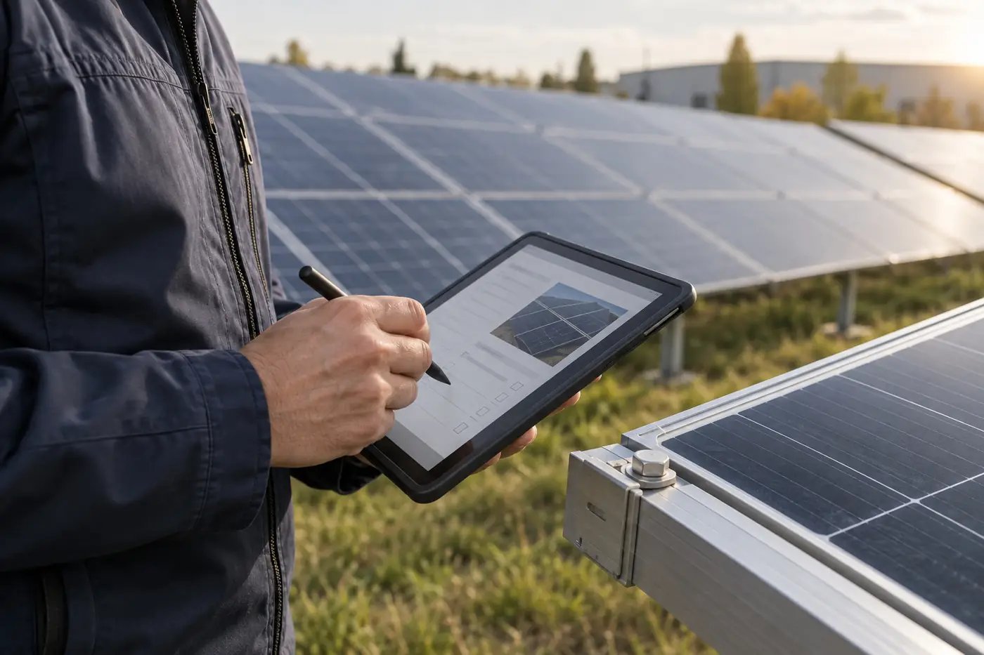 Symbolbild: Dokumentation einer Photovoltaikprüfung mit einem Tablet an der Anlage