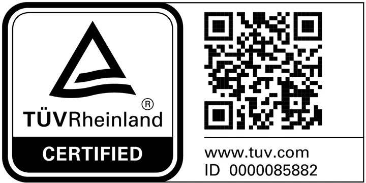 Siegel TÜV Rheinland Certified mit QR-Code und ID 0000085882